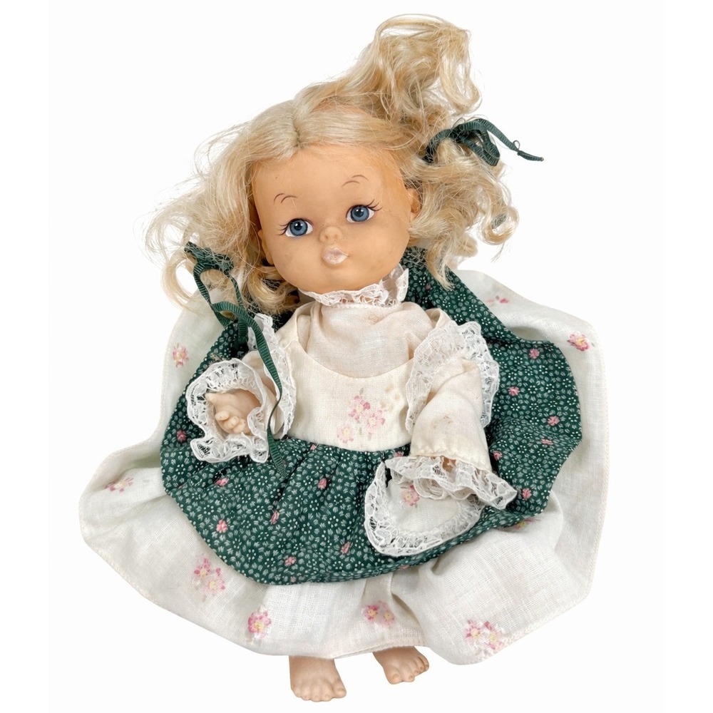 Vintage Doll Blonde Hair Green‎ Dress Lace 7in Collectible Toy